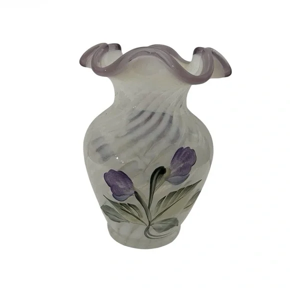 Fenton Art Glass Spiral Optic Opalescent Hand painted Vase. - Picture 3 of 4
